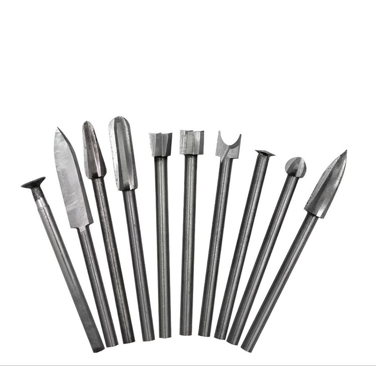 ست ۱۰ عددی ابزار چوبساب و حکاکی مینیاتوری با سریهای مختلف شامل نوکتیز، تخت، کروی و تیغهای، مناسب برای منبتکاری، فلزکاری و کارهای ظریف